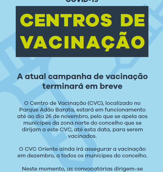 COVID-19 – Posto de Vacinação do Parque Adão Barata encerra dia 26 de novembro passando a estar disponível apenas o posto de Moscavide.