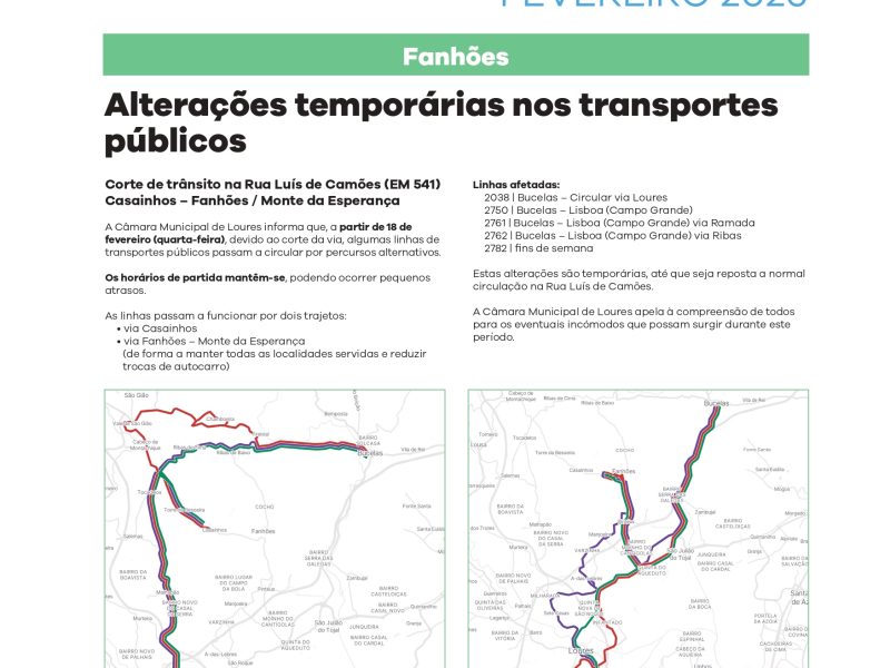 Freguesia de Fanhões – Alterações Temporárias Transportes – Corte de Estrada Casaínhos – Fanhões