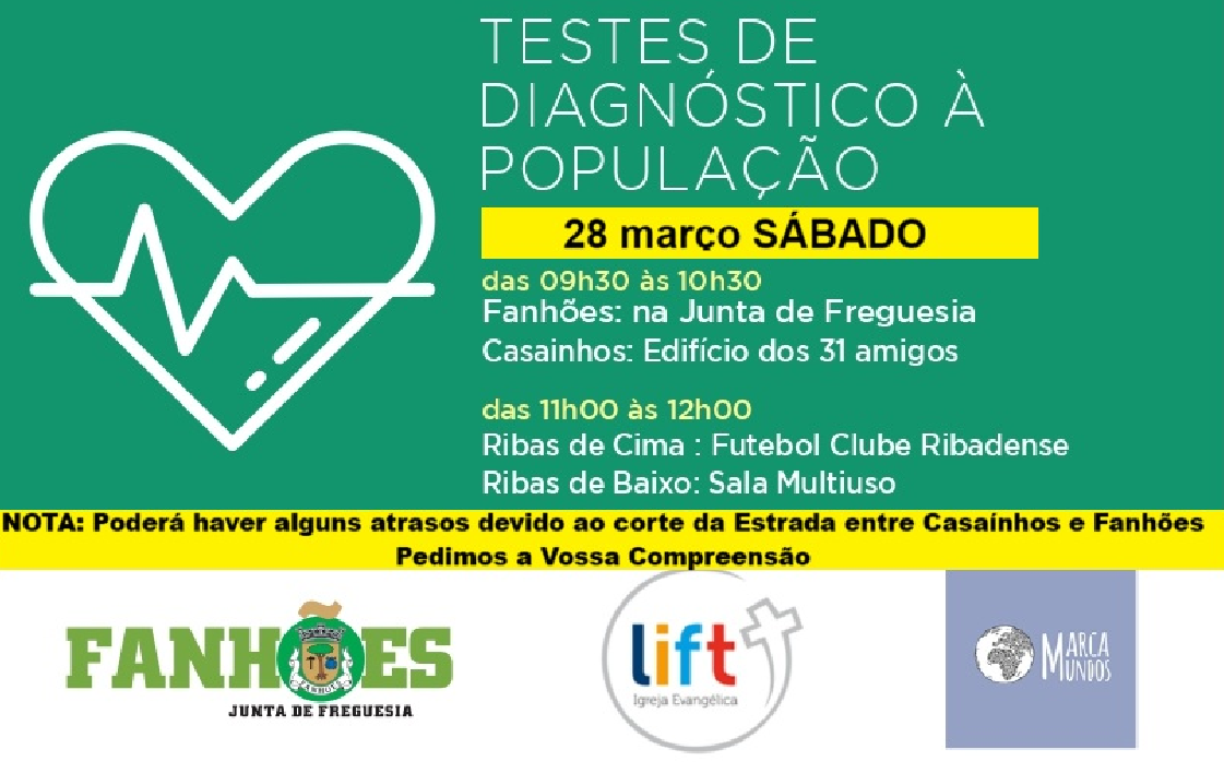 Pela Sua Saúde – Os Testes de Diagnóstico à População realizam-se Sábado dia 28 de março 2026. Contamos consigo!