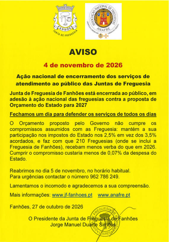 Freguesia de Fanhões – AVISO Encerramento Serviços 4 novembro 2026
